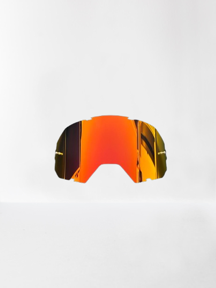 Dettaglio lente specchiata Omega Performante con finitura riflettente rosso per off-road motocross enduro motard
