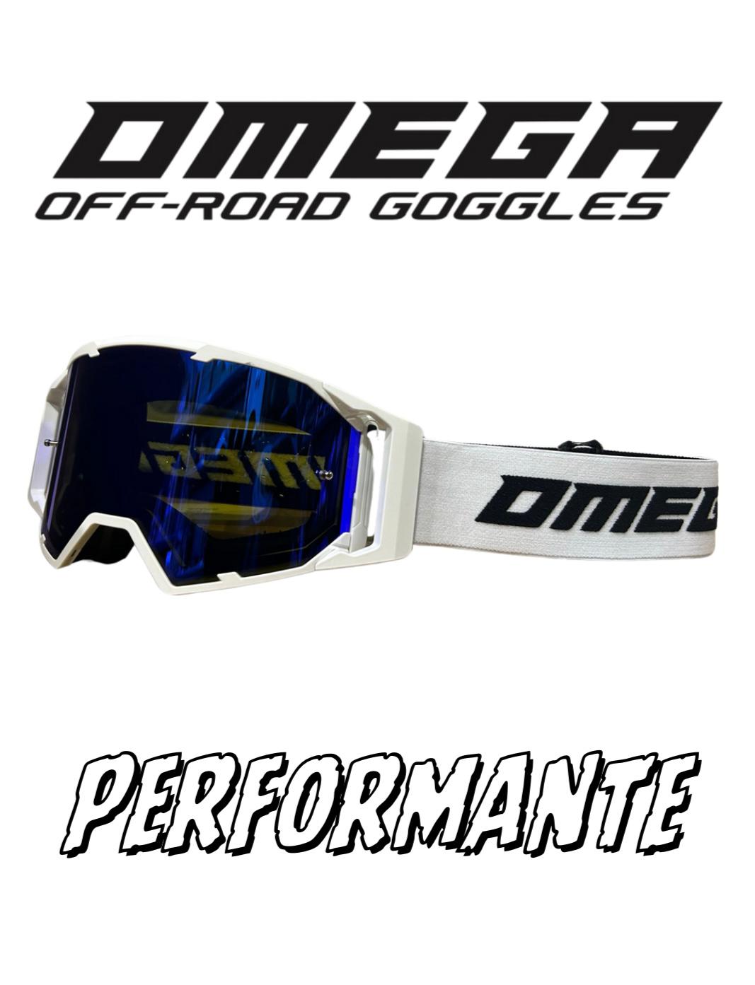 Occhiale Omega performante rosso per motocross con lente specchiata blu
