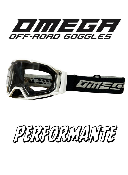 Occhiale Omega performante rosso per motocross con lente trasparente