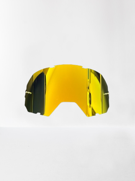 Dettaglio lente specchiata Omega Performante con finitura riflettente giallo per off-road motocross enduro motard